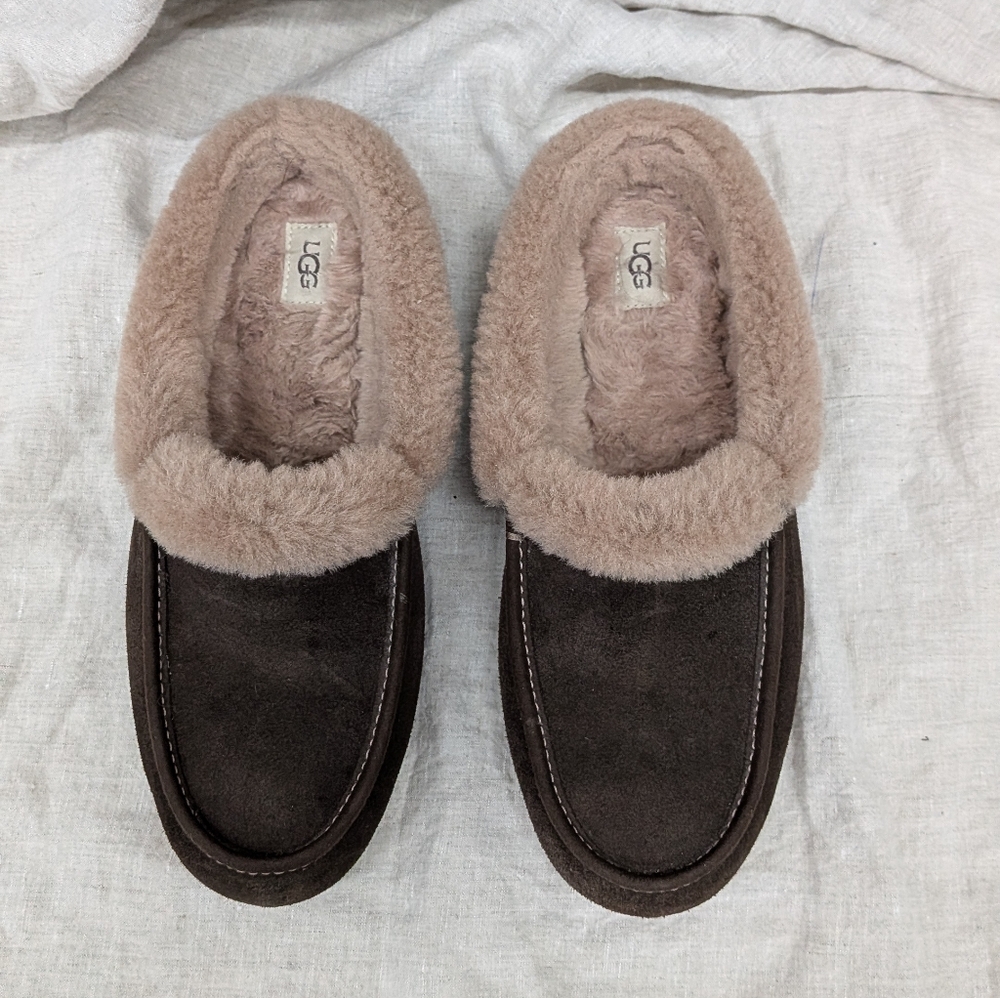 UGG Brown Suede Slippers with Cream Shearling Collar